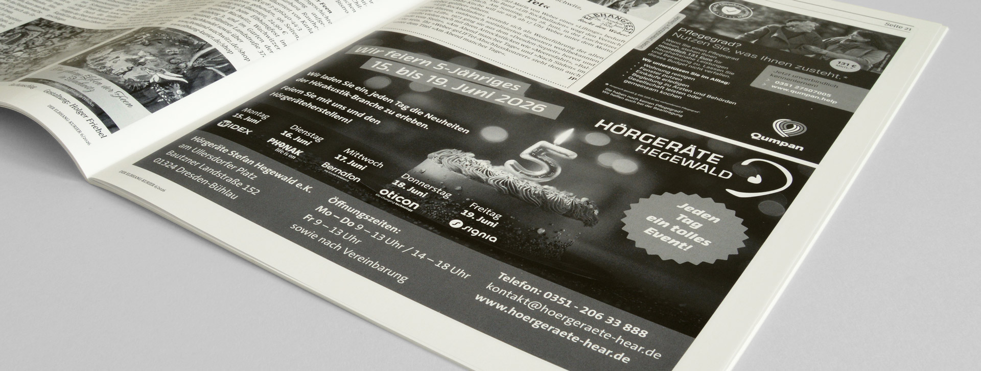 5 Jahre H&ouml;rger&auml;te Hegewald - Plakate, Anzeigen, Postkarten  H&ouml;rger&auml;te Hegewald Anzeige Elbhang-Kurier 5 Jahre H&ouml;rger&auml;te Agentur Grafikladen