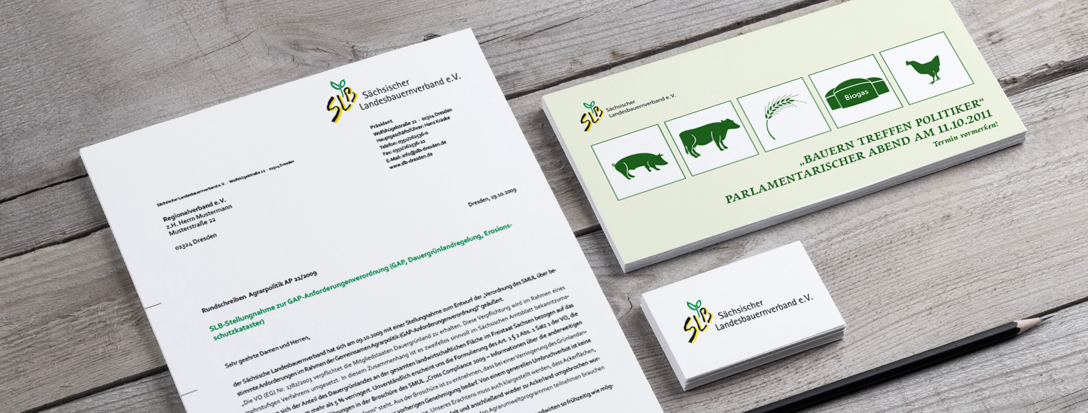 Logoentwicklung und Corporate Design - Sächsischer Landesbauernverband e.V. (SLB) Sächsischer Landesbauernverband e.V. (SLB) Briefbogen, Flyer und Visitenkarte Sächsischer Landesbauernverband e.V. Agentur Grafikladen