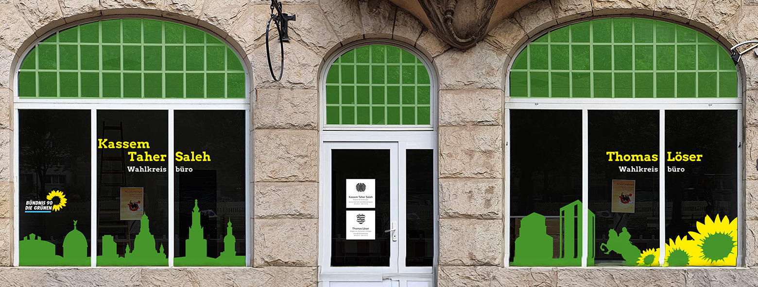 Fensterbeklebung Wahlkreisbüro – Thomas Löser (MdL) und Kassem Taher-Saleh (MdB) Bündnis 90/ Die Grünen Thomas Löser LTA / Die Grünen, Fensterbeklebung Agentur Grafikladen