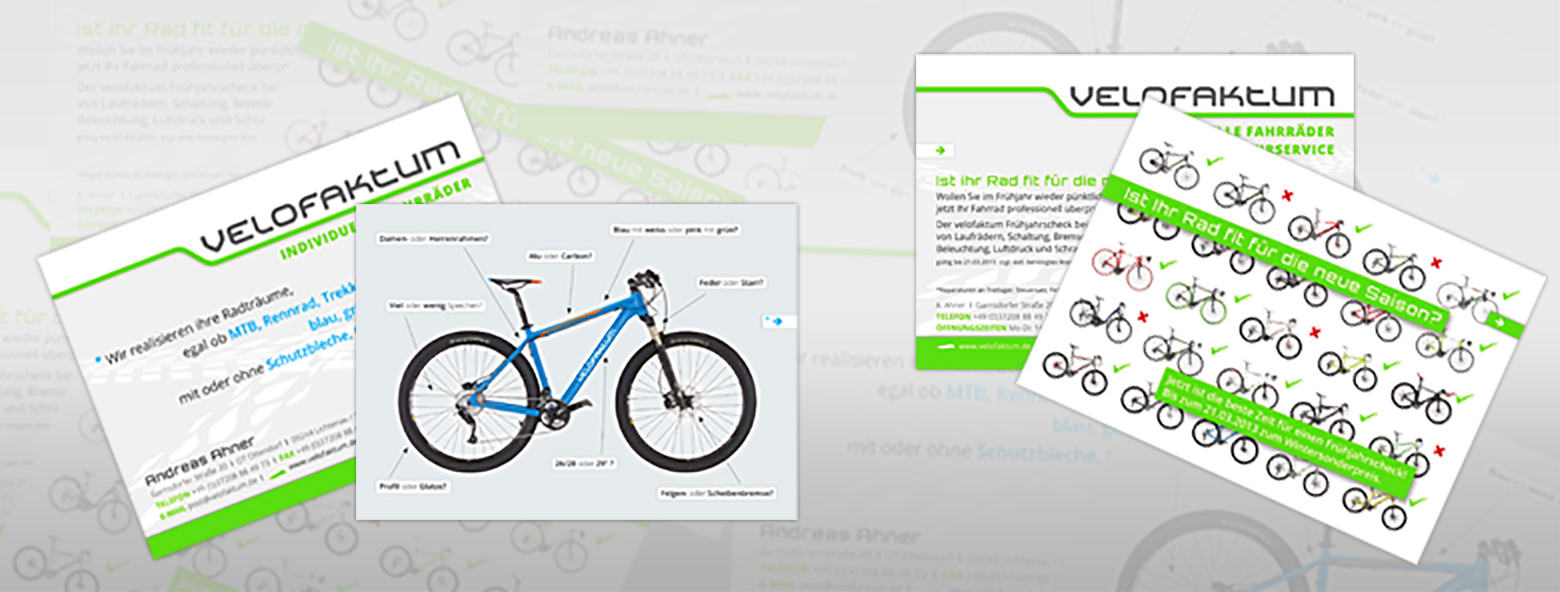 Logoentwicklung / CD - VELOFAKTUM Velofaktum - Fahrräder Werbung: Werbepostkarte Agentur Grafikladen