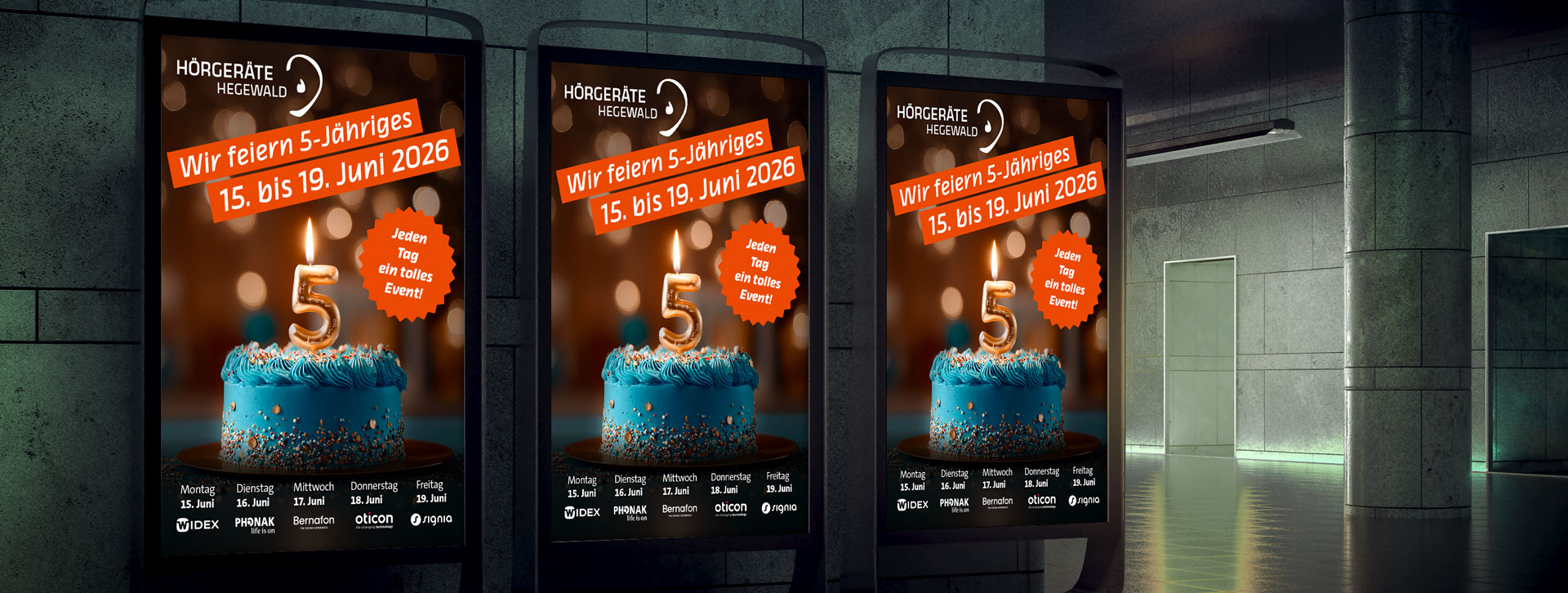 5 Jahre H&ouml;rger&auml;te Hegewald - Plakate, Anzeigen, Postkarten  H&ouml;rger&auml;te Hegewald Plakat  5 Jahre H&ouml;rger&auml;te Agentur Grafikladen