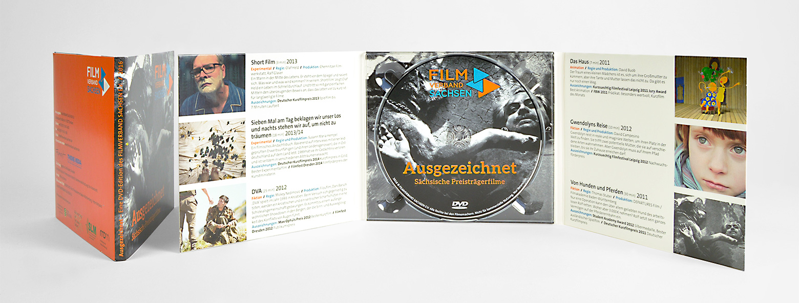 "Sächsische Preisträgerfilme" DVD-Covergestaltung Filmverband Sachsen e.V. "Ausgezeichnet" - Sächsische Preisträgerfilme - DVD Cover und Label Agentur Grafikladen