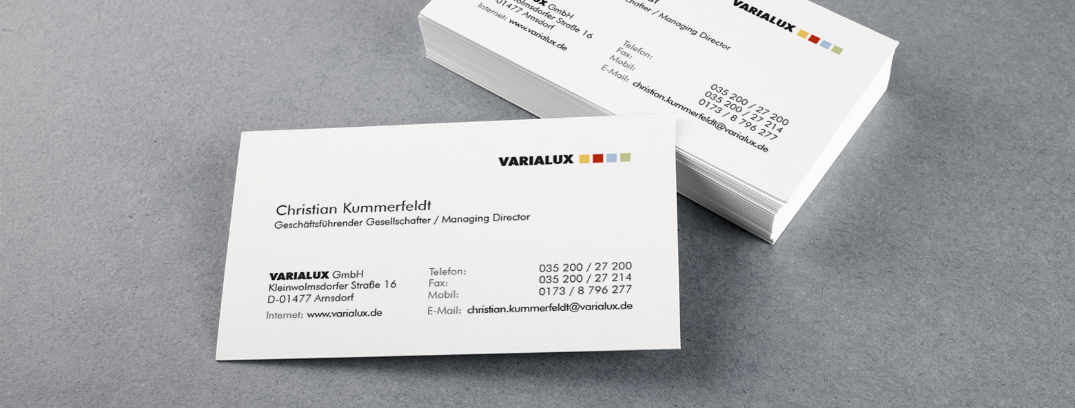 Logo und Corporate Design VARIALUX GmbH VARIALUX GmbH Visitenkarten VARIALUX GmbH Agentur Grafikladen